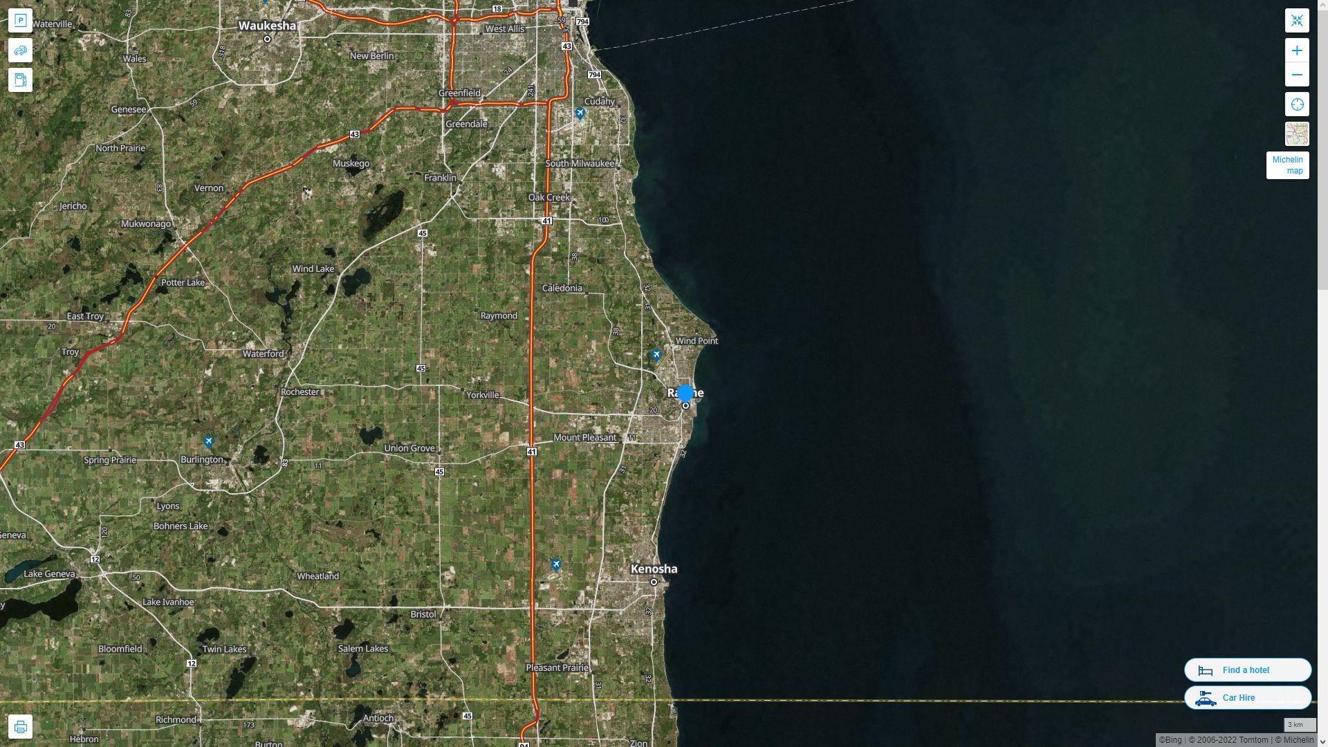 Racine Wisconsin Highway and Road Map with Satellite View